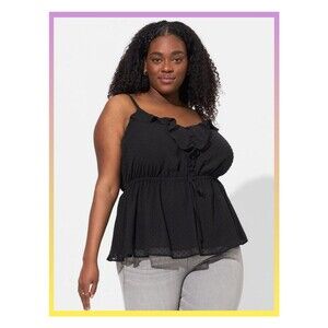 NWT Torrid 4X Deep Black Chiffon Clip Dot Ruffle Tie Waist Tank Top Size 26